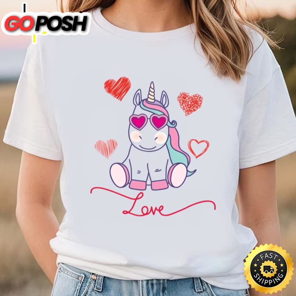 Unicorn Love Hearts Sweet Valentines Lovers Gift T-Shirt