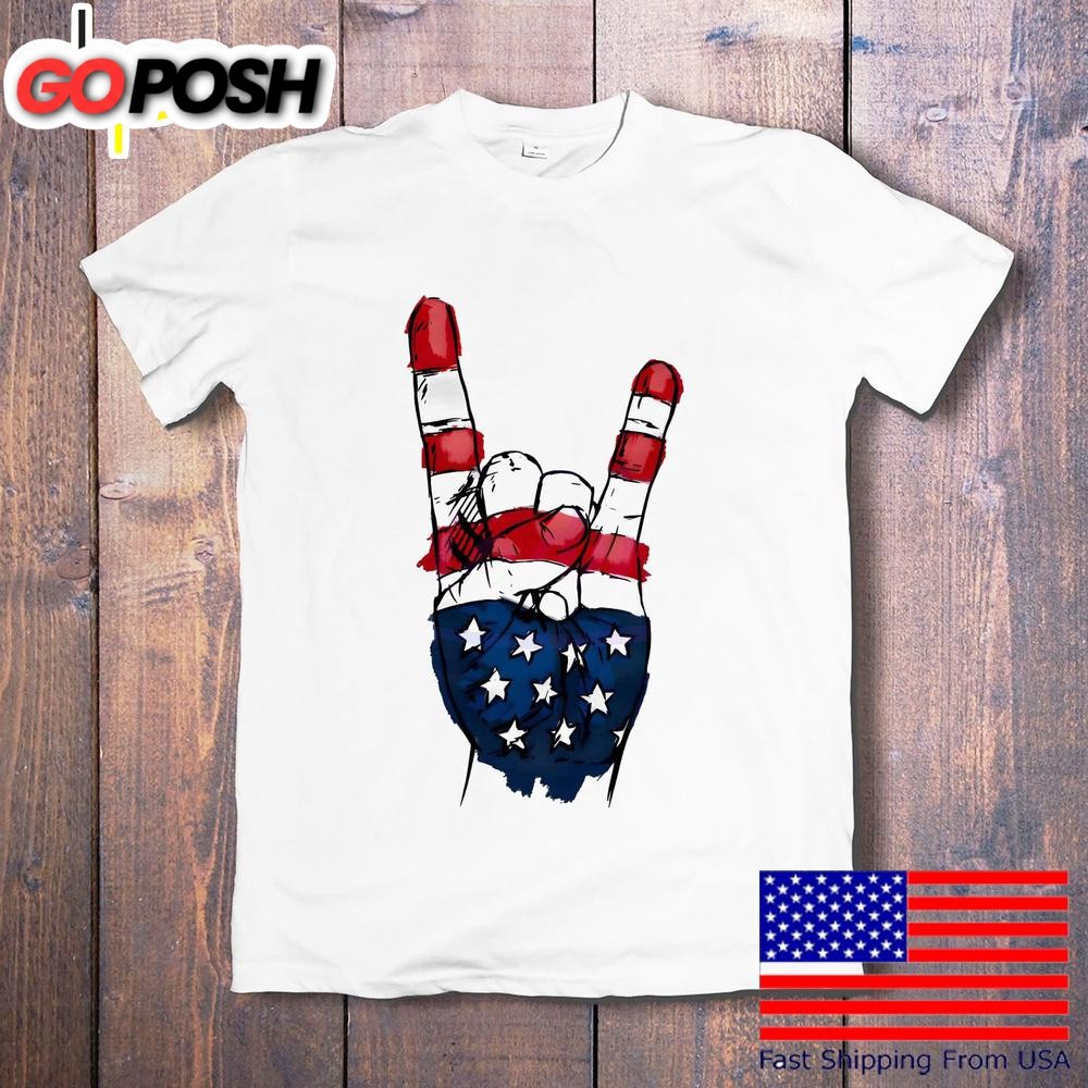 Usa Rock On Hand Sign American Flag 4th Of July T-Shirt