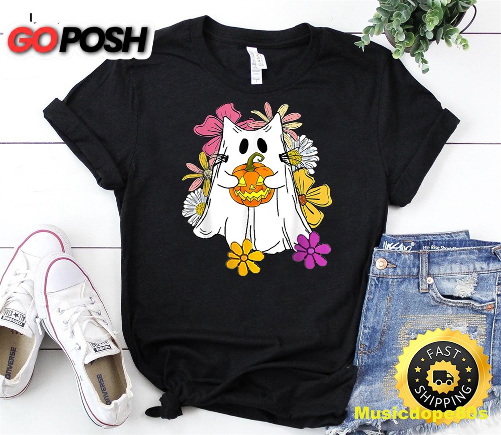 Vintage Floral Ghost Cat Halloween Graphic T-Shirt