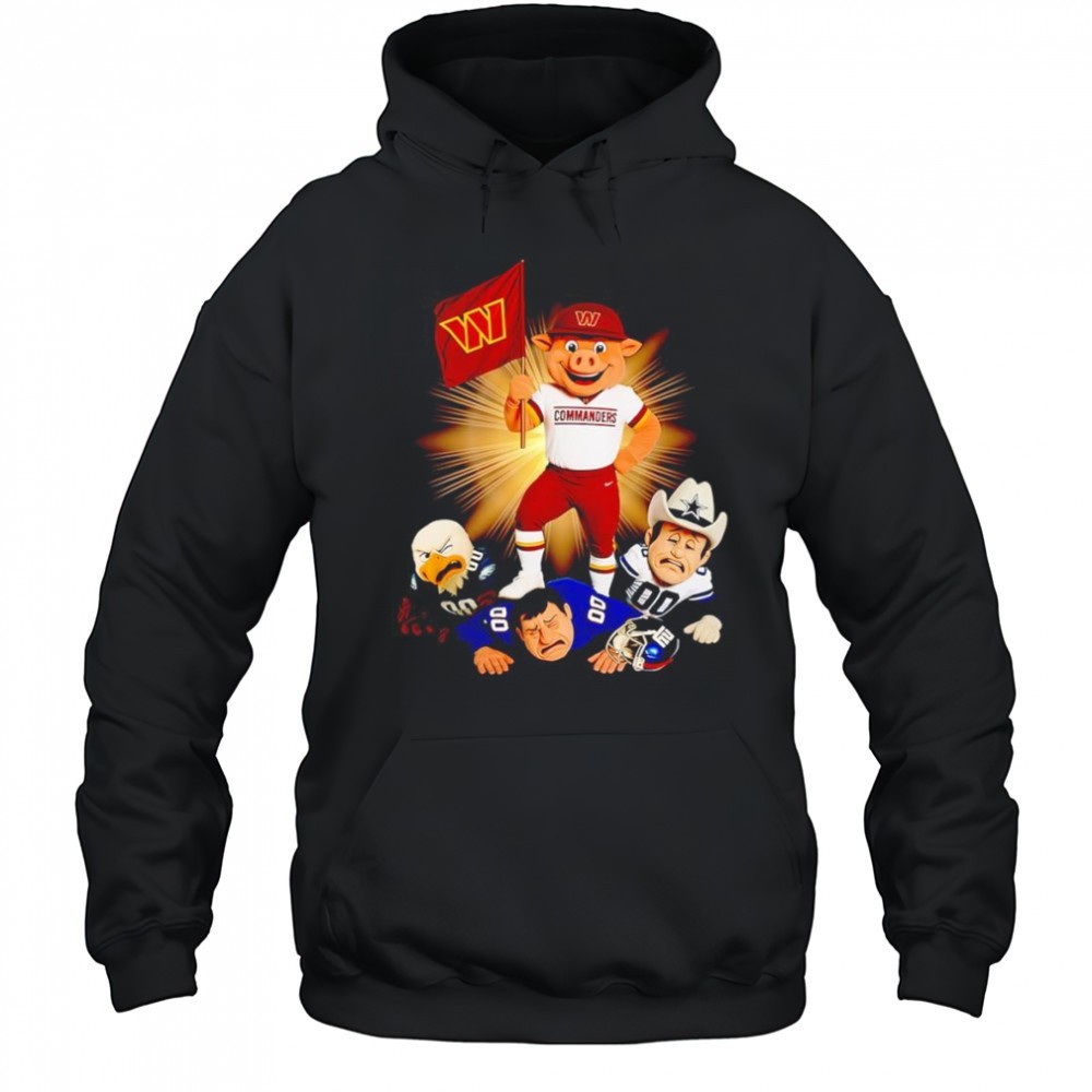 Washington Commanders mascot standing with flag shirt