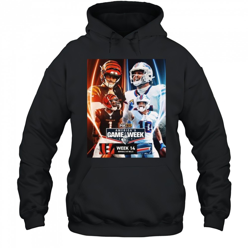 Week 14 in Americas Game Of The Week Burrow vs Allen Cincinnati Bengals at Buffalo Bills NFL Dec 8 2025 t-shirt