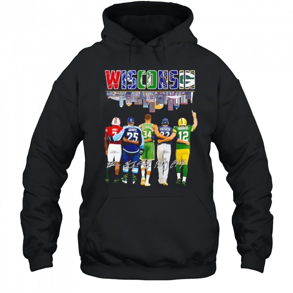 Wisconsin Dilin Jones Noah Gravel Giannis Antetokounmpo Christian Yelich Aaron Rodgers Signatures Shirt