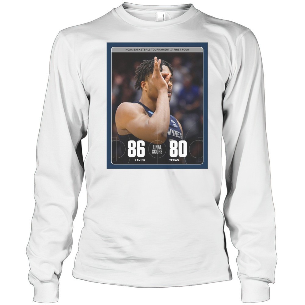 xavier-musketeers-vs-texas-longhorns-final-score-86-80-ncaa-basketball-tournamen-3l2zx9sq Xavier Musketeers Vs Texas Longhorns Final Score 86 80 NCAA Basketball Tournament Poster T-shirt