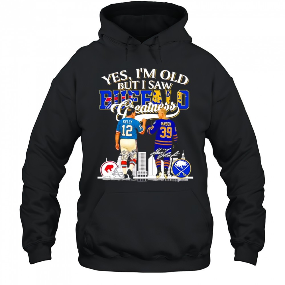 Yes im old but i saw Jim Kelly Buffalo Bills x Dominik Hasek Buffalo Sabres Greatness signatures shirt